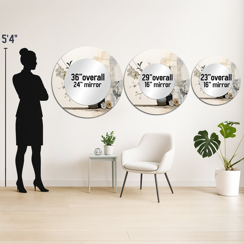 Asian Art Sumie Zen II - miroir d'art asiatique, miroir mural rond blanc unique, impression sur métal, 29 po x 29 po