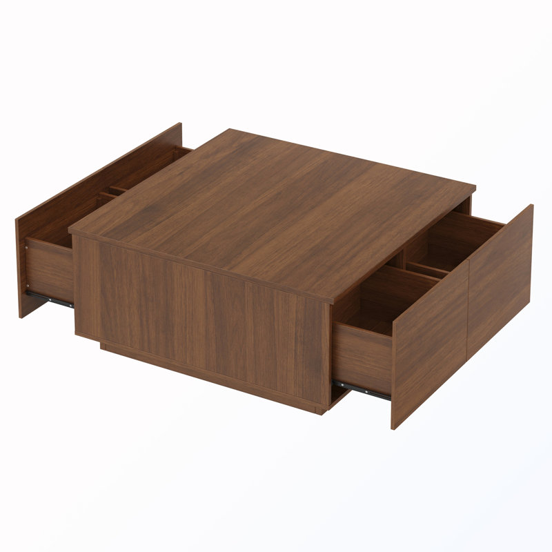Table basse carrée en bois avec 4 tiroirs, Noyer