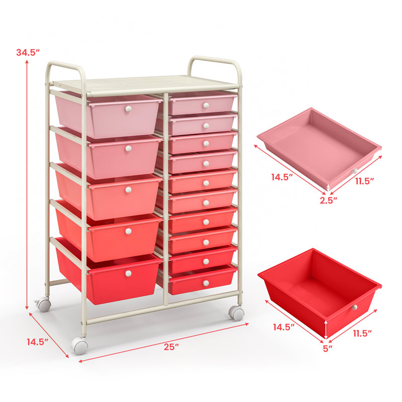 Barksdale 15-Drawer Utility Rolling Organizer Cart, Red/Pink