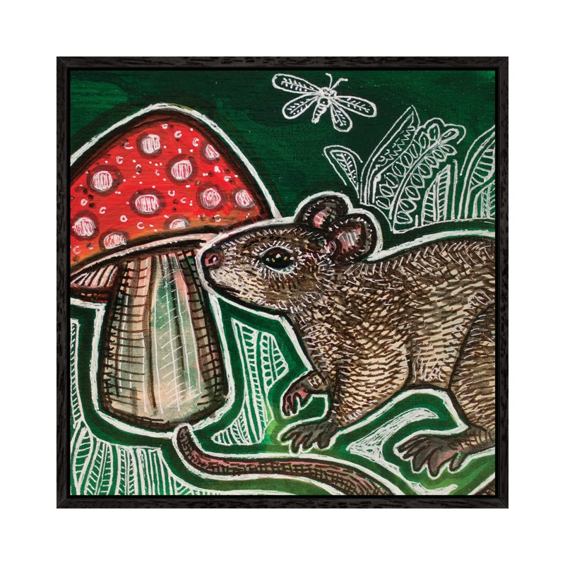 Small Mouse And Mushroom by Lynnette Shelley - Print on Canvas, Black Floater Frame, 45.72 cm H x 45.72 cm W