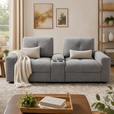 89.76" Extra-Wide 2-Seater Sofa with Center Storage Console & Cup Holders, Chenille Upholstered Loveseat for Living Room or Basement, Light Gray