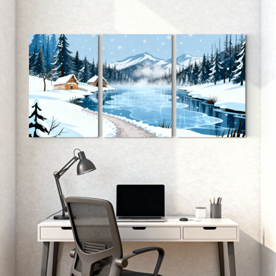 «Winter forest Winter Landscape with Snowy Trees and River», ensemble de 3 impressions sur toile