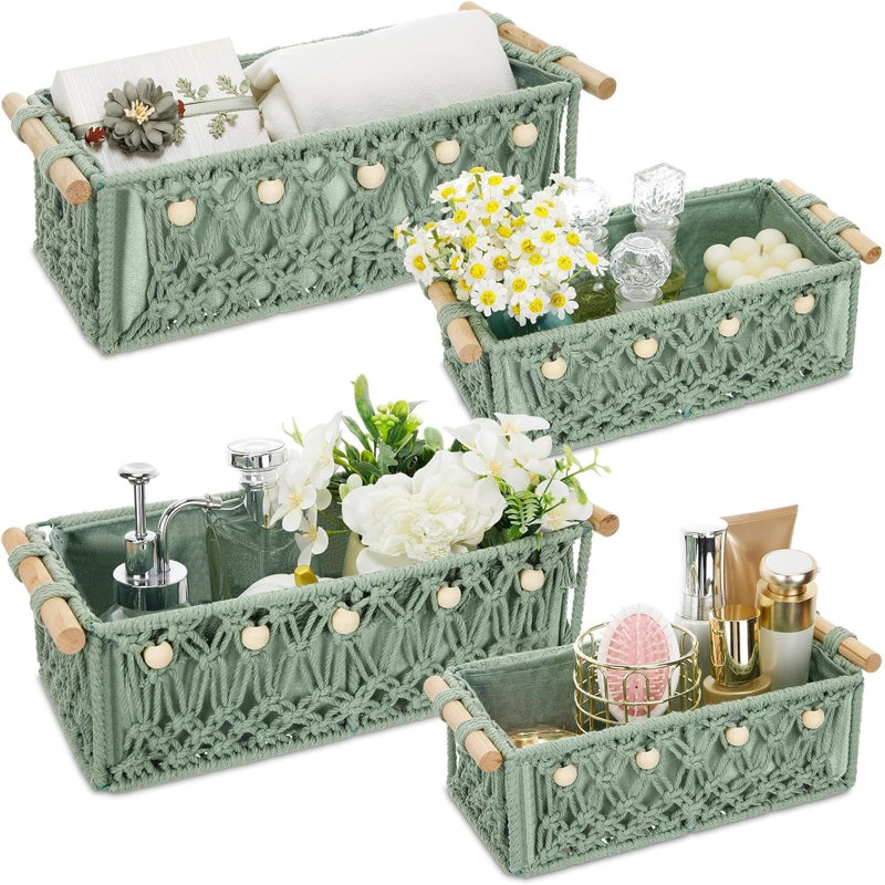 4-Piece Green Macrame Storage Baskets with Wood Handle