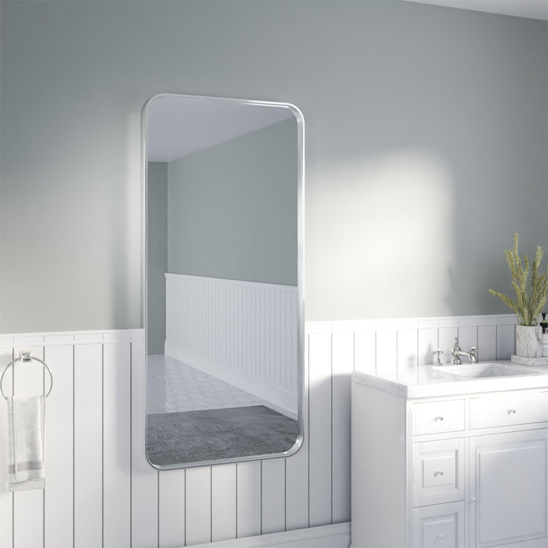 Élégant miroir encadré en aluminium avec coin arrondi pour une décoration intérieure élégante, Argent argent, 60 po x 28 po