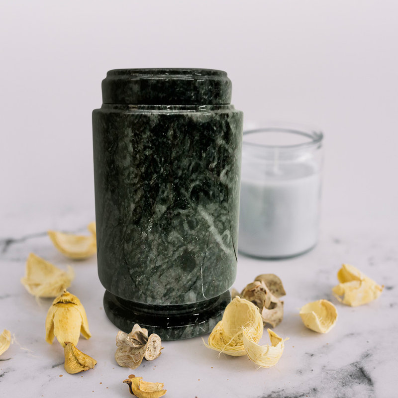 Natural Marble Cremation Urn, Gray Stone Finish, Cylindrical Design