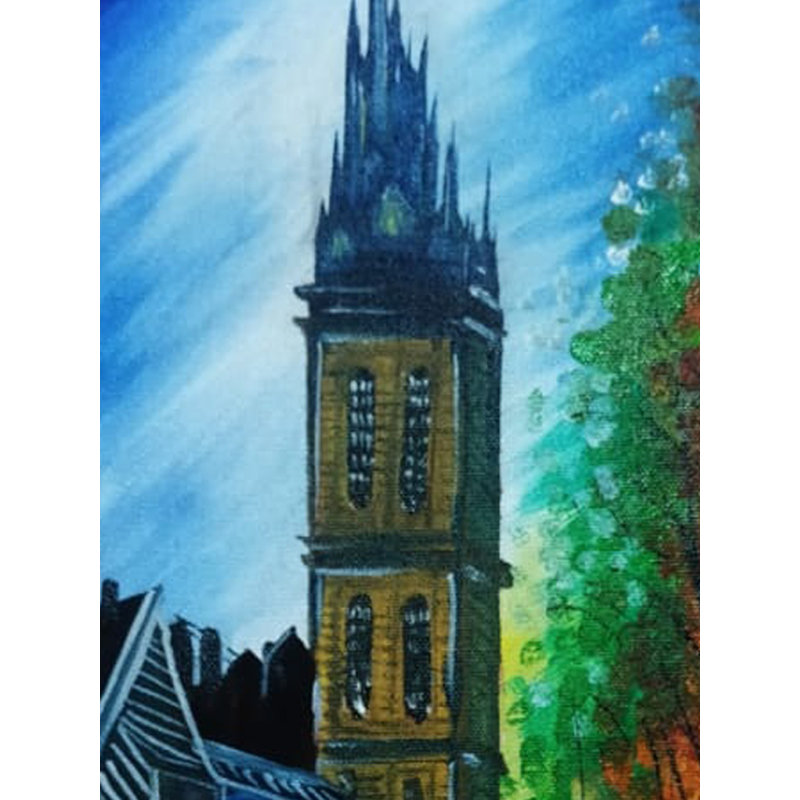 «The Dream City», peinture acrylique sur toile par Suman Das - 23,4 po x 16,5 po, paysage urbain vibrant, art mural moderne texturé, décor de paysage urbain imaginatif