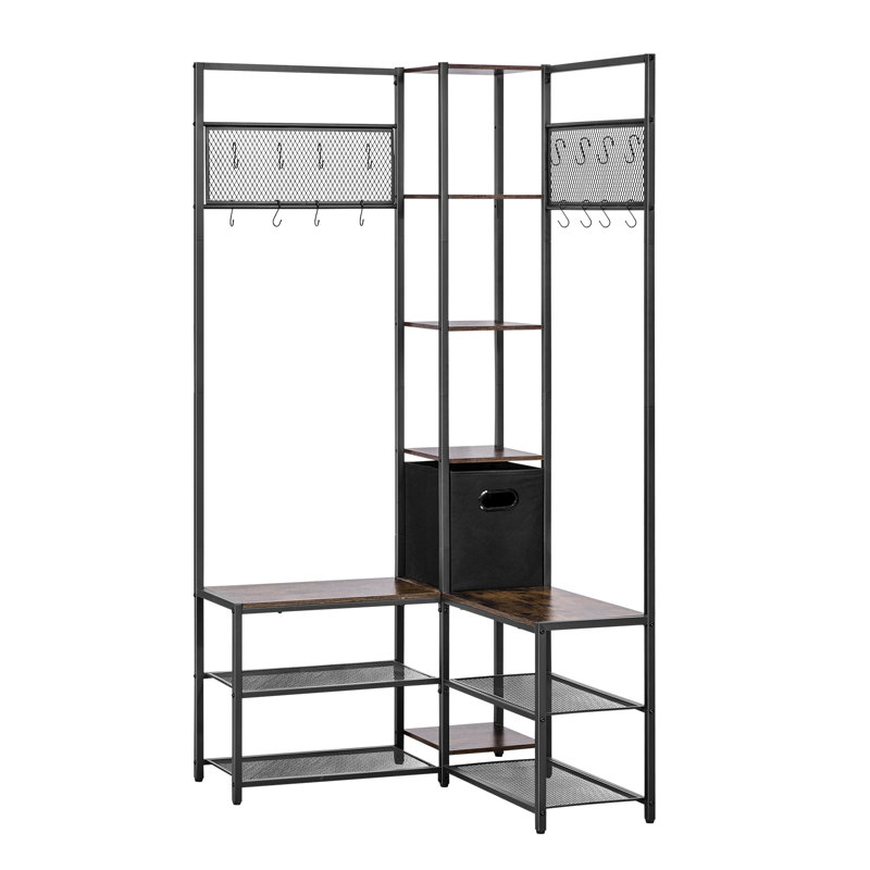 Corner Hall Tree with Shoe Bench, 70.9 in Coat Rack with Hooks and Steel Frame, Freestanding Clothes Shoes Rack Storage Organizer with Anti-Tip Set, for Entrance, Closet, Office, Rustic Brown