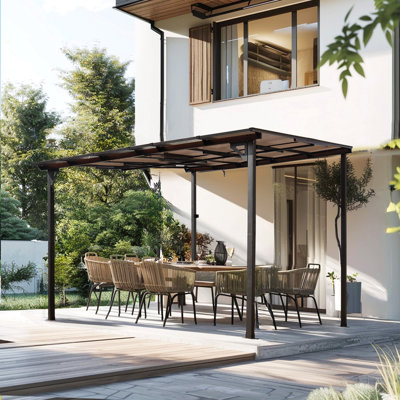 Pavillon de jardin pergola d'extérieur 10 pi x 10 pi, auvent mural à toit incliné avec toit, grand et robuste pour patio, terrasses, cour arrière