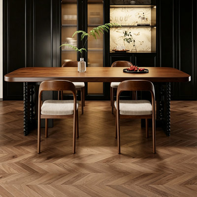 Walnut-colored solid wood rectangular dining table