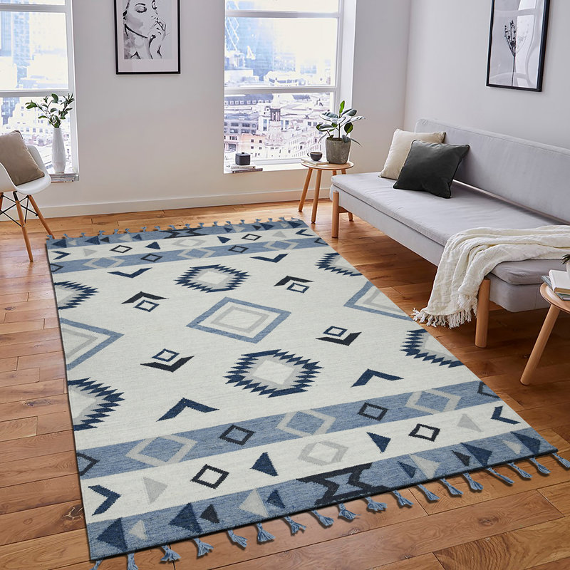 Tapis bleu en laine tissé à plat à la main Sabrina, Rectangle 3 pi x 5 pi