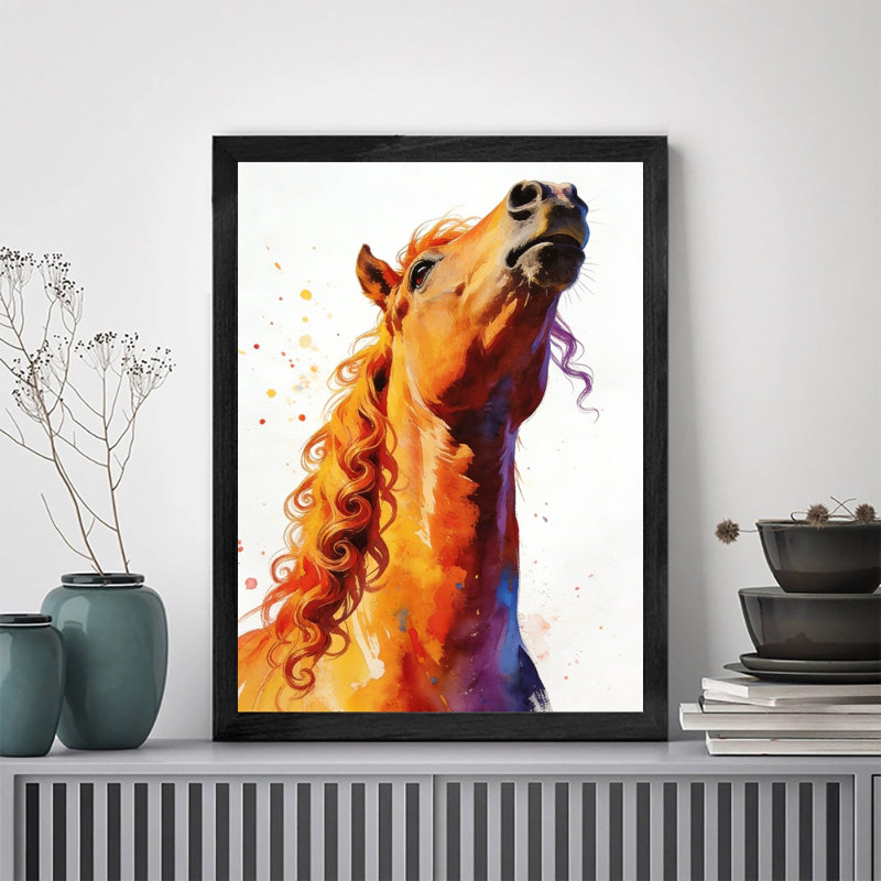 Décoration murale moderne encadrée noire avec cheval, H 37 po x l 25 po