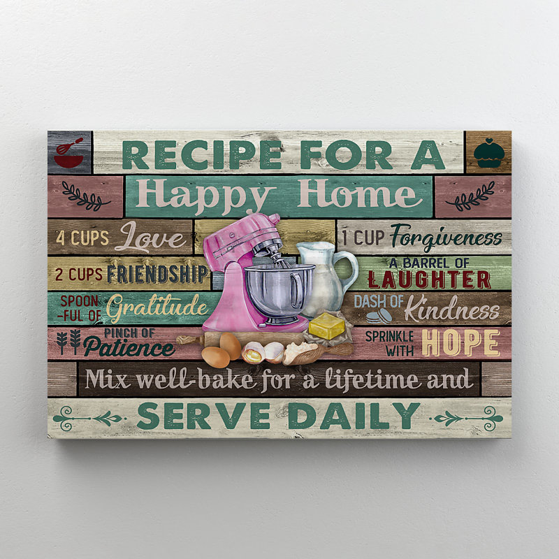 Baking Tools With Words - Recipe For A Happy Home - 1 Piece Rectangle Graphic Art Print On Wrapped Canvas
