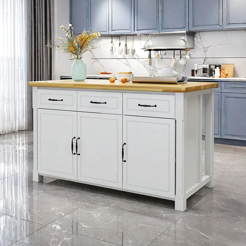 62.99" Solid Wood Kitchen Island, White