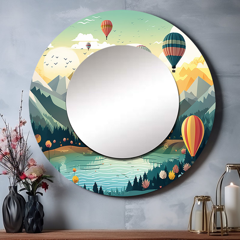 Genut hot air balloon off Into the Sky I - montagnes grand miroir mural, miroir rond jaune unique, reproduction d'art en métal
