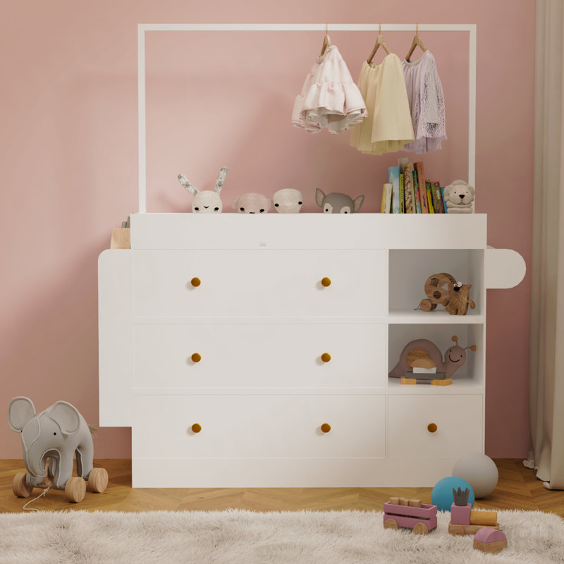 Commode de table moderne, coiffeuse avec 3 tiroirs très profonds et tablettes de rangement et crochets, table à langer multifonctionnelle avec séchoir à linge, blanc