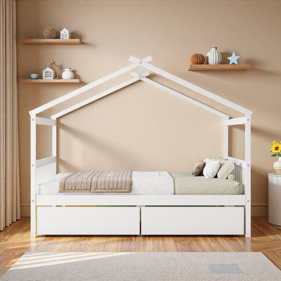 Full Size Wooden House Bed With Drawers
