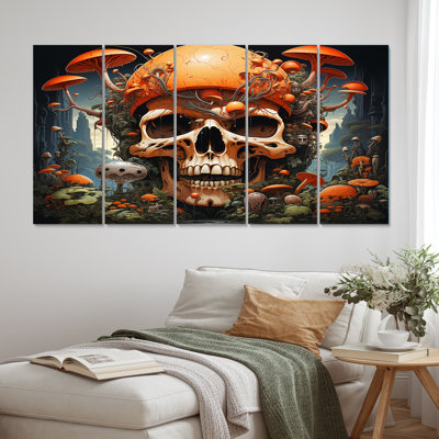 Smiling Skull Orange Mushrooms Funky Halloween - Skull Wall Art Print - 5 Equal Panels