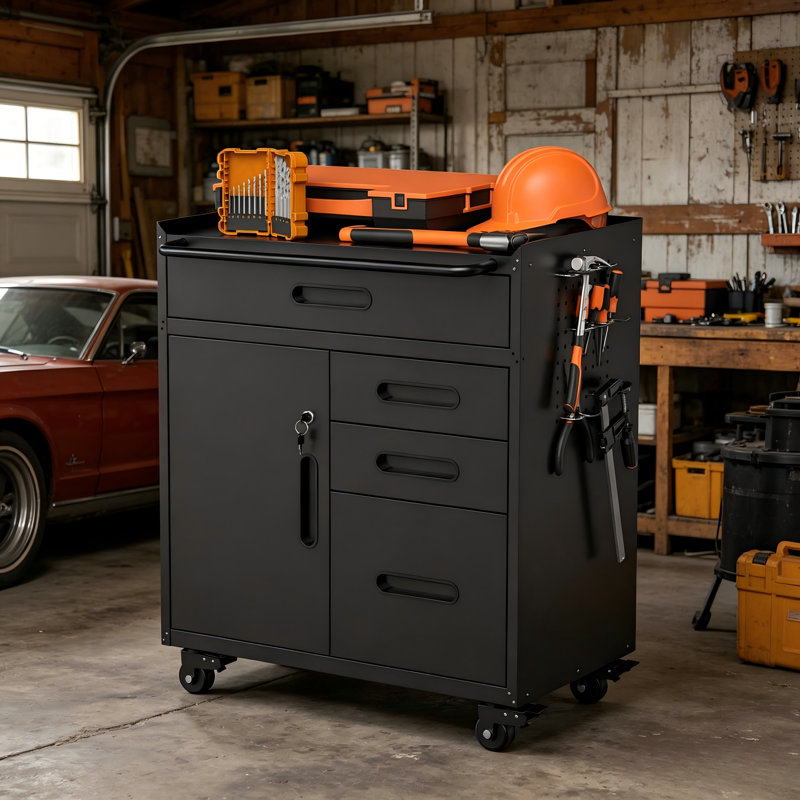 Armoire à outils robuste à roulettes: comprend un compartiment privé verrouillable et quatre tiroirs pour un rangement très pratique et organisé.