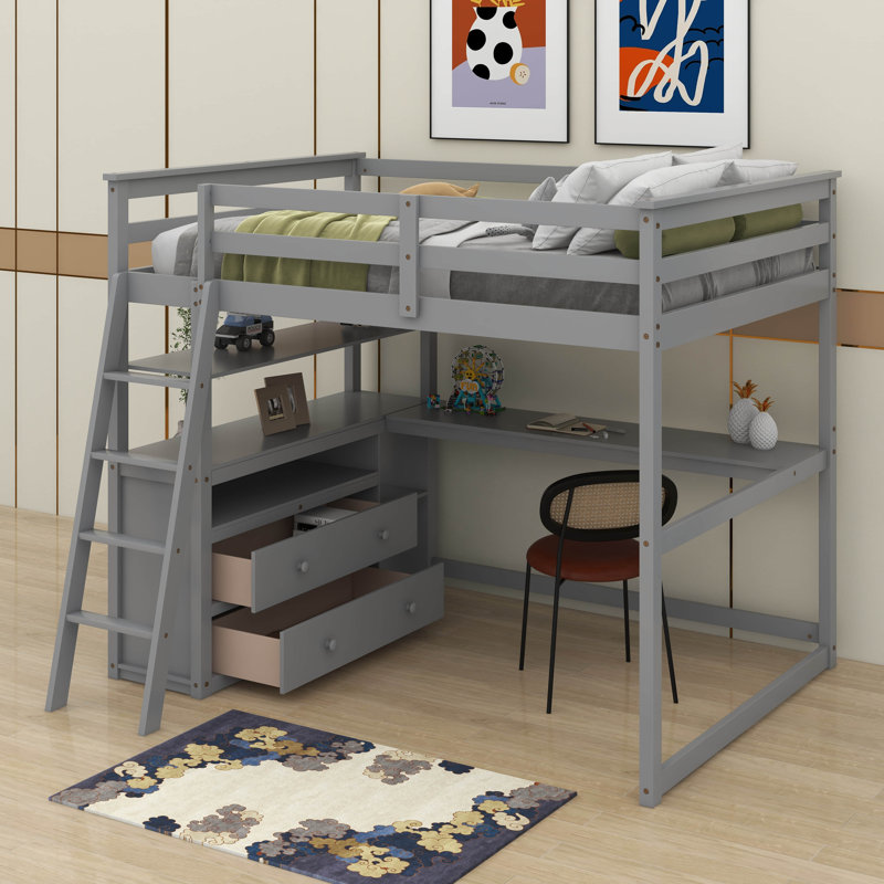 Lit mezzanine double avec bureau et tablettes, Gris
