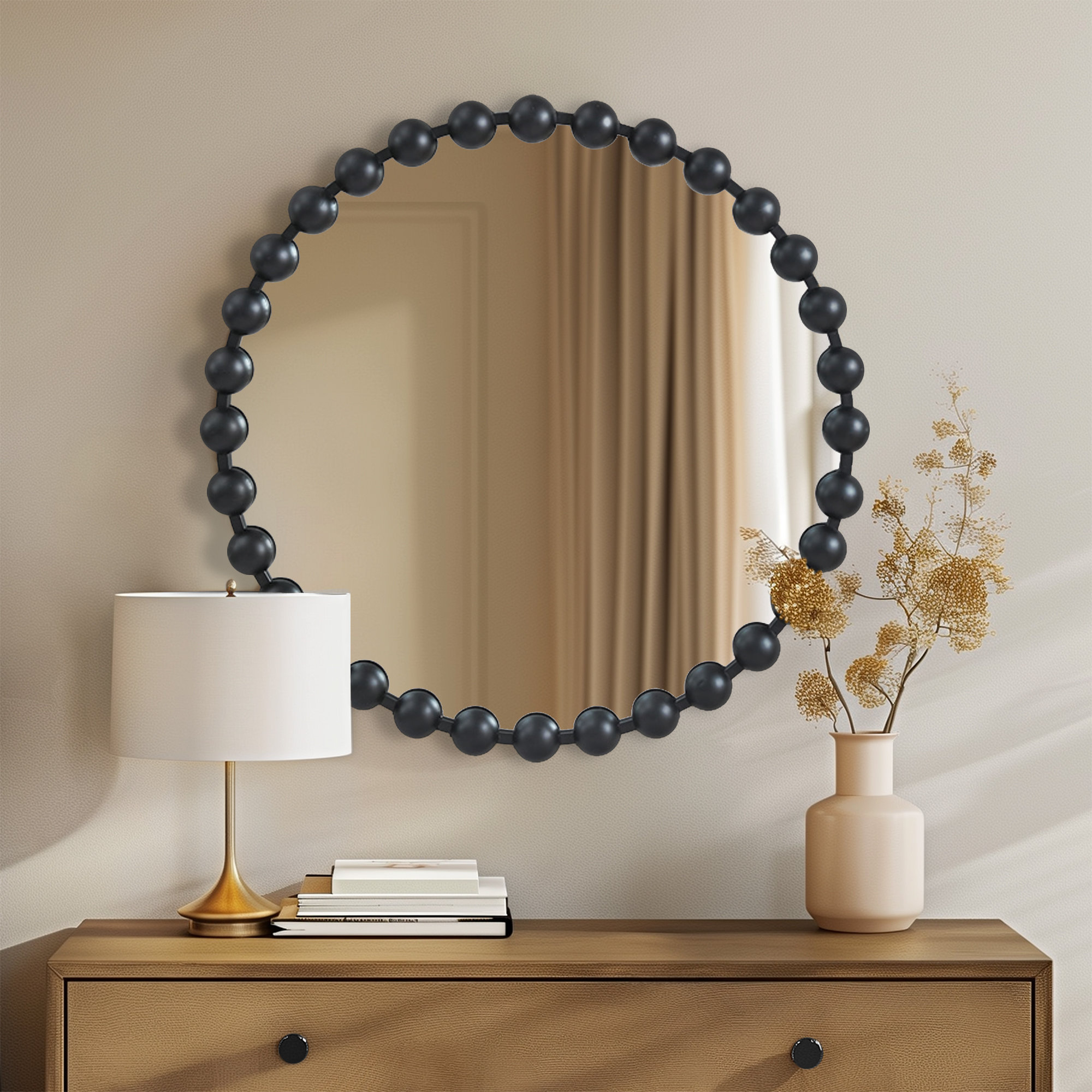 Marlowe Beaded Round Metal Wall Mirror, 27" x 27", Black