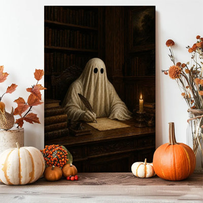 1pc Framed Canvas Wall Art Prints Poster, Ghost Writing at Desk Halloween Art Posters Canvas Print Painting for Living Room Bedroom Office Bathroom Dorm Home Decor, Ready To Hang