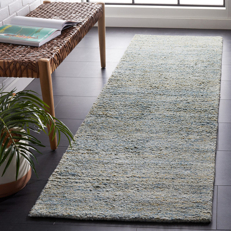 Tapis bleu clair en laine / coton touffeté à la main Moniz, Tapis de couloir 2 pi 3 po x 12 pi