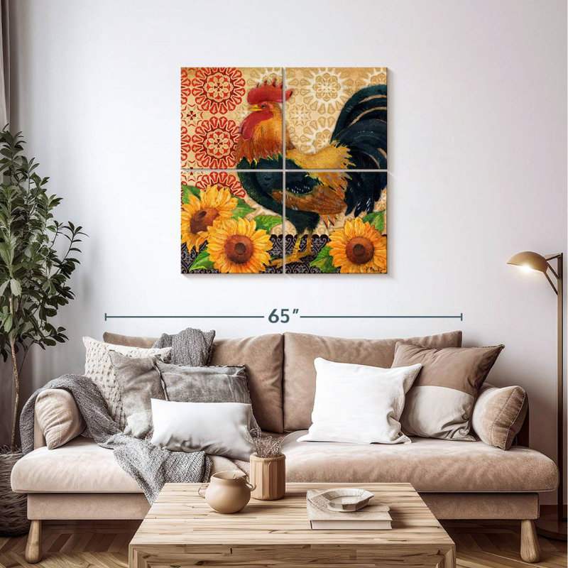 Brampt coqs et tournesols II, H 38 po x l 38 po