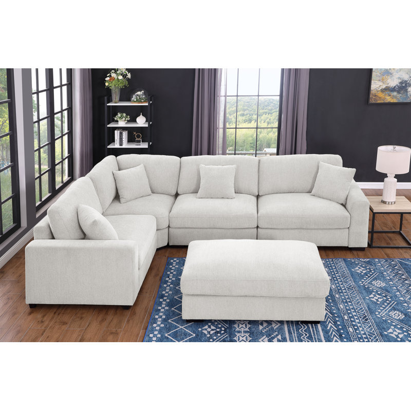 Modular 5 Seats Cloud Sofa Comfy Corner Couch With Movable Ottoman, White Chenille
