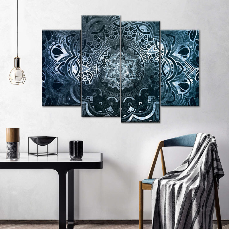Mandala, mandala hypnotique sur toile, 4 pièces, H 27 po x l 43 po x P 1,25 po
