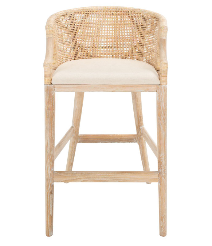Morency Transitional Bar Stool - Mahogany Frame with Textured Rattan Backrest & Foam Cushion, Beige, White