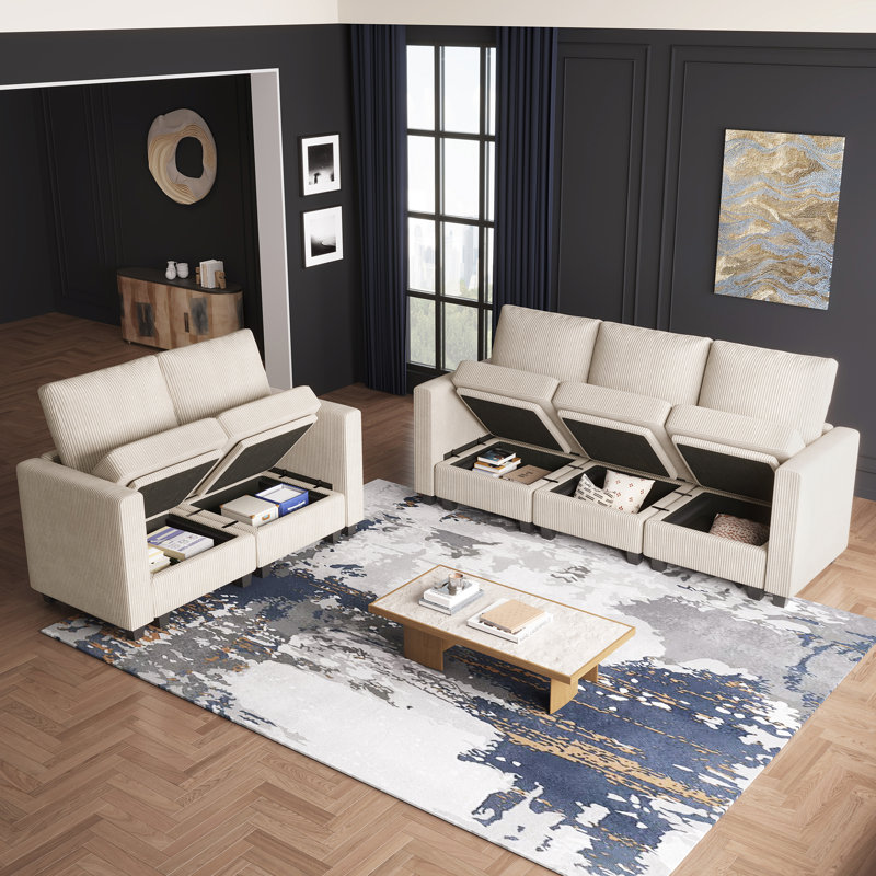 Canapé confortable avec espace de rangement 2 pièces Corduroy, Beige
