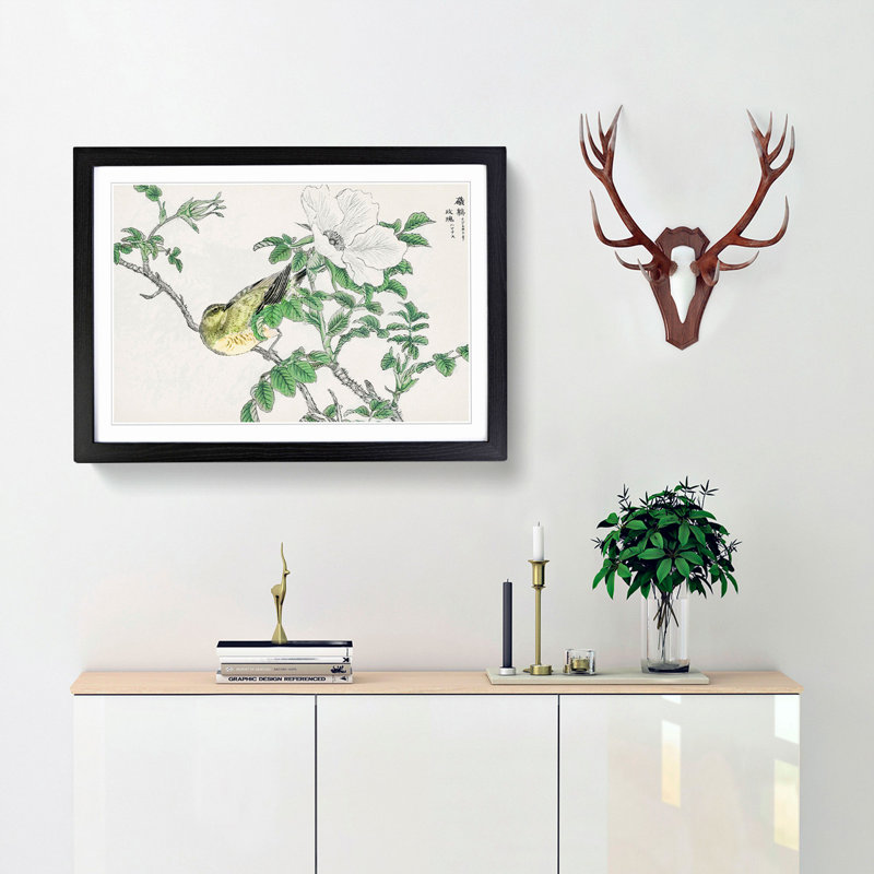 Brown-Eared Bulbul Bird & White Wild Rose by Numata Kashu - Picture Frame Art Print, 48cm H x 65cm W x 2cm D, Black Framed