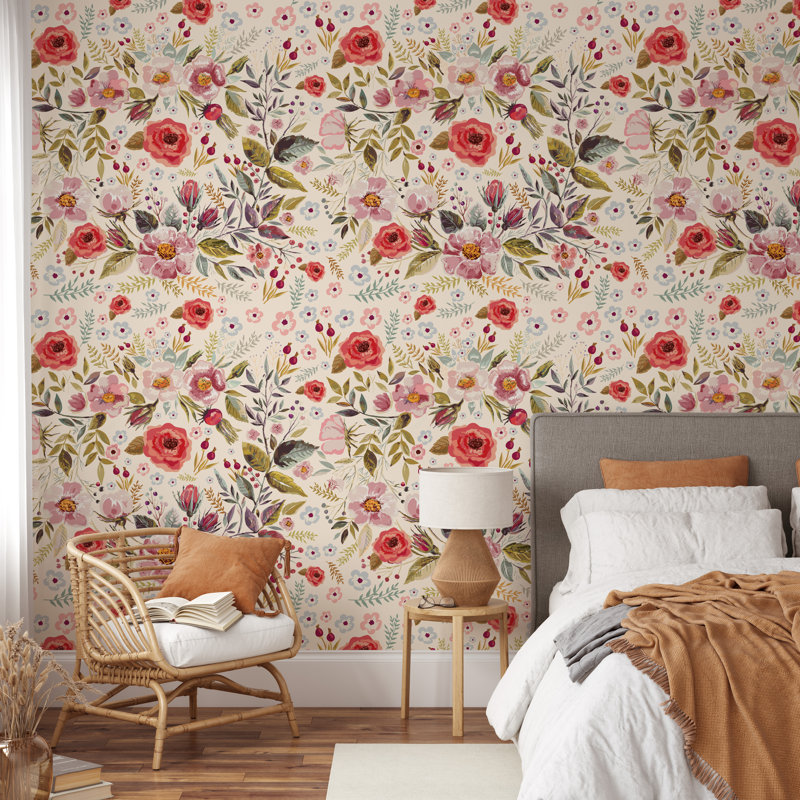 Rouleau de papier peint pelez et collez Red Field Flowers, L 24 po x L 75 po