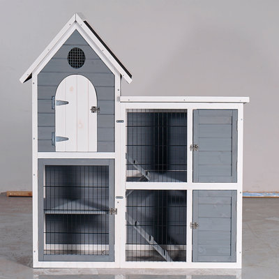 Grande cage à poulailler en bois à 2 étages avec cage anti-intempéries pour animaux