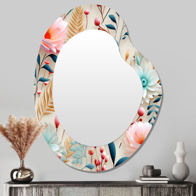 Motif de fougères pastel bohémien pastel III - miroir décoratif floral asymétrique, grand miroir de forme irrégulière rose, impression sur métal