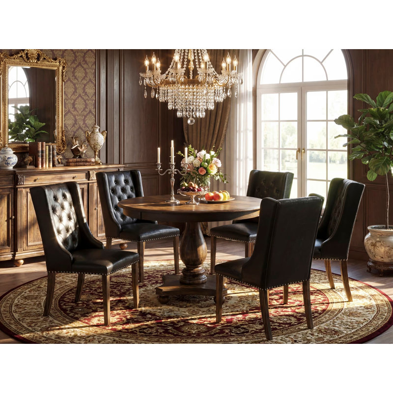 7 Piece Dining Room Table Set Consist of a Round Dining Table with Pedestal and 6 Black Faux Leather Upholstered Chairs, Distressed Jacobean