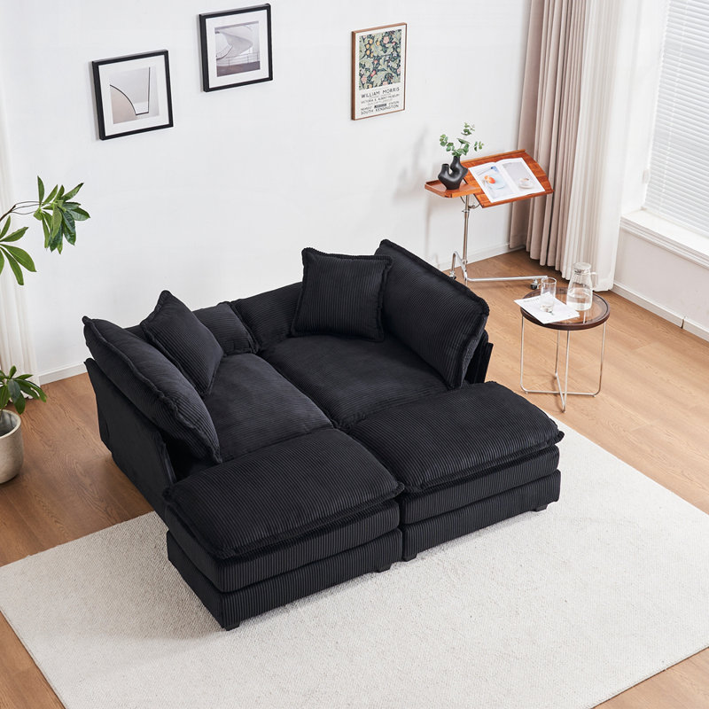 Canapé en velours côtelé 2 places avec 4 coussins et 2 repose-pieds confortables, Black