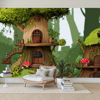 Peel and Stick Wallpaper 96" W x 69" H Modern Self Adhesive Wall Mural for Bedroom Fantasy Forest Tree House Cartoon Mushroom