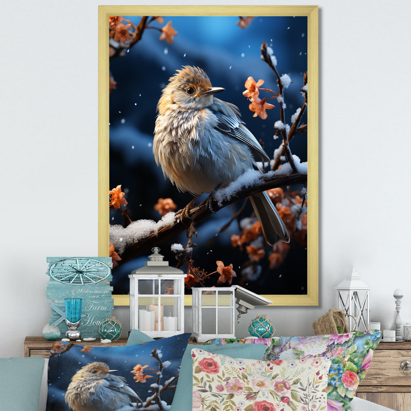 «Winter Bird Serenity I», art mural oiseau, H 32 po x l 24 po x P 1 po, Cadre flottant doré