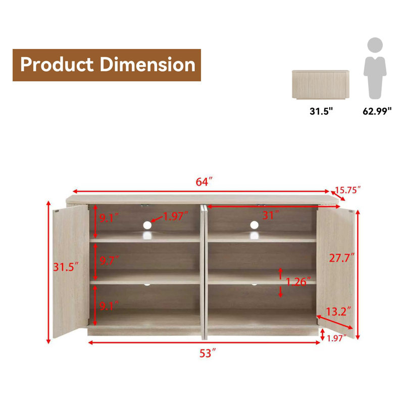 64" Modern Fluted Sideboard Buffet Cabinet - Grey Oak Storage Credenza, Gray/Gray