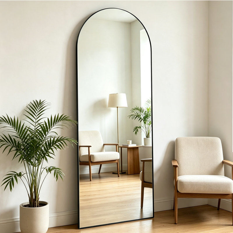 Full Length Mirror, 56"x16" Arch Floor Mirror with Stand, Black Arched Full Body Standing or Leaning Mirror for Bedroom, Living Room