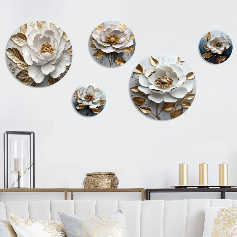 Pivoine blanche et dorée Bloom III - ensemble d'art mural pivoines - ensemble de 5 décorations murales modernes en métal