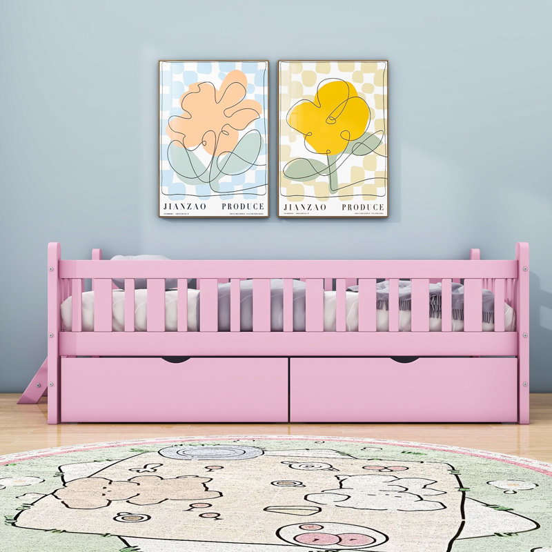 Lit plateforme simple en bois avec 2 tiroirs de rangement et garde-corps de sécurité, Rose