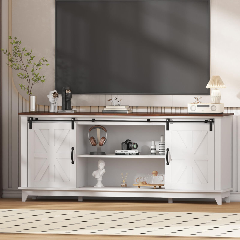  66" Farmhouse TV Stand for 75" Television, Rustic Wood Entertainment Center with Storage and Sliding Barn Doors, Adjustable Shelf Media TV Console Table for Living Room, White