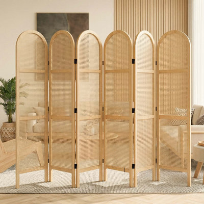 5.6 ft. Pine Wood & Hand-Woven Rattan Room Divider - Freestanding Japanese Modern Minimalist Privacy Screen