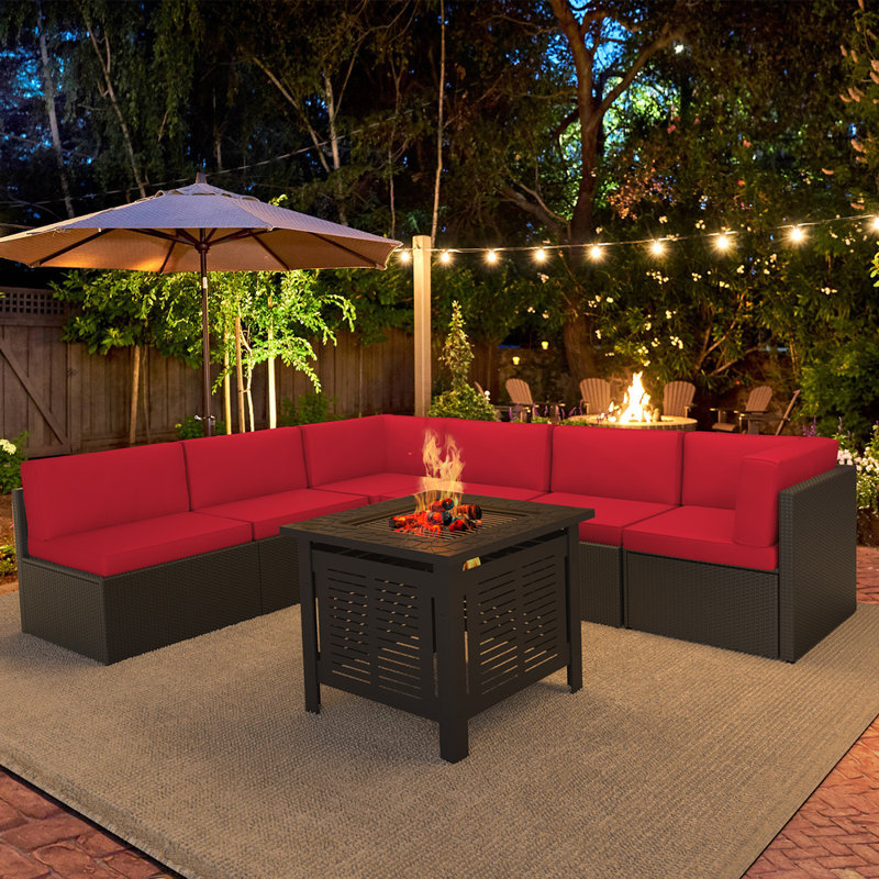7 Piece Rattan Sectional Seating Group With Fire Pit, Brown, Red
