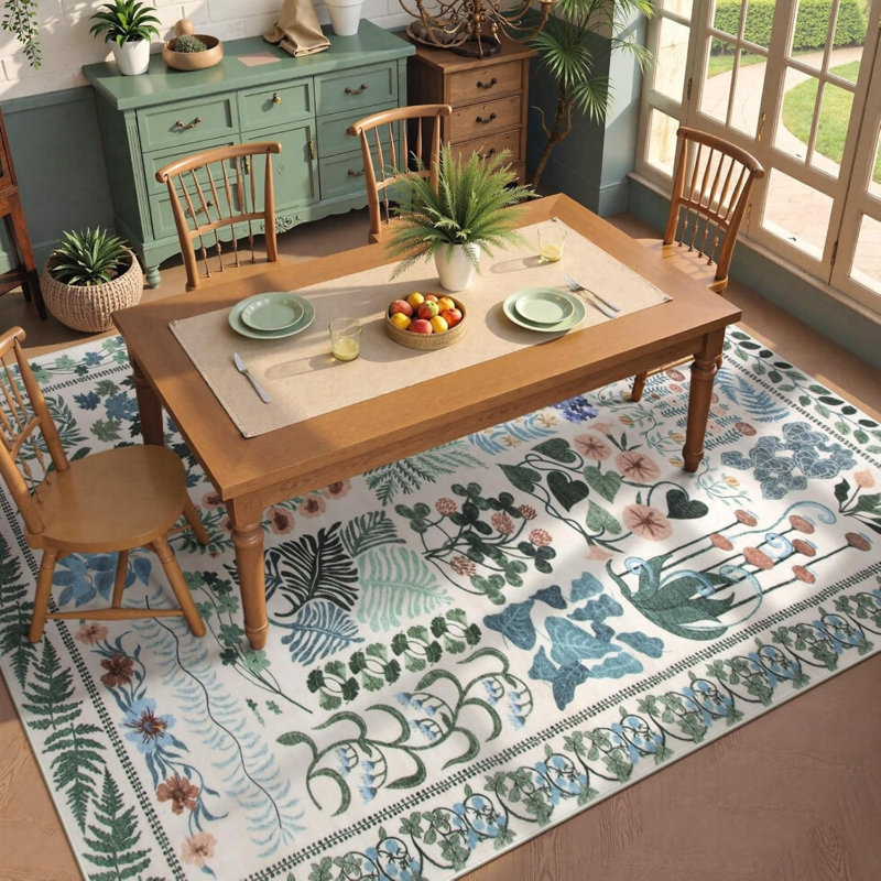 Botanical Chart Rug 5 × 7 Ft for Playroom, Green