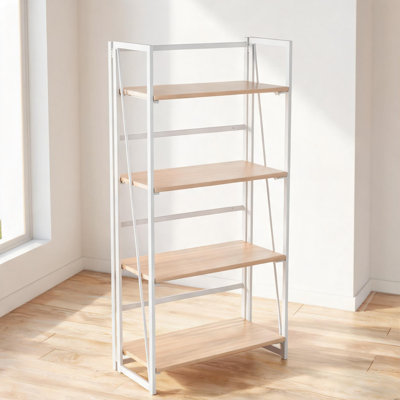 Natural Finish Contemporary Open Bookcase, Four Open Display Shelves, White Painted Metal and Natural Wood Construction