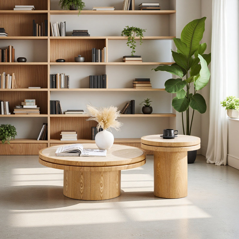 Ensemble de table basse ronde en aggloméré de 19,49 po + 35,43 po en bois aggloméré pour le salon, Naturel