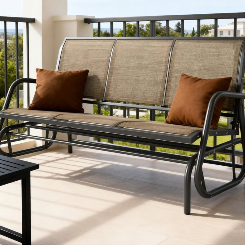 Outdoor Glider Bench, 3 - Seater, Breathable Mesh, Steel Frame, 55.1" , Mixed Brown Patio Bench With Seats, Metal 57.9"x27.6", Max Load 660 Lbs